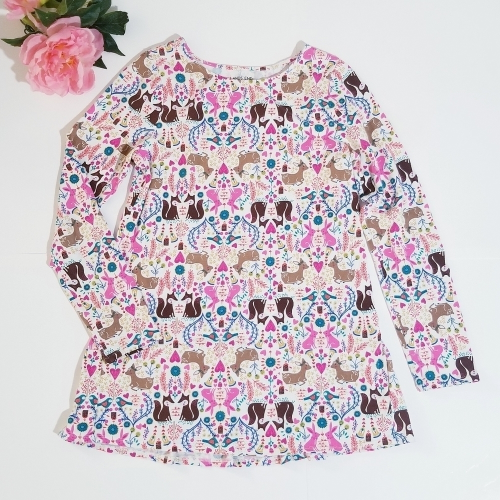 LANDS END Girsl Holiday Ivory Forest Animal Colorfull Tunic Dress Medium 10-12